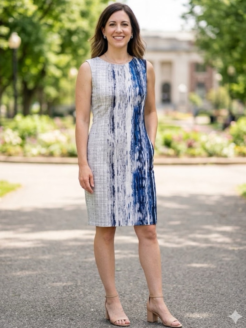 Tahari Abstract Painterly Sheath Dress - Tailored Cotton Blend - Size Small